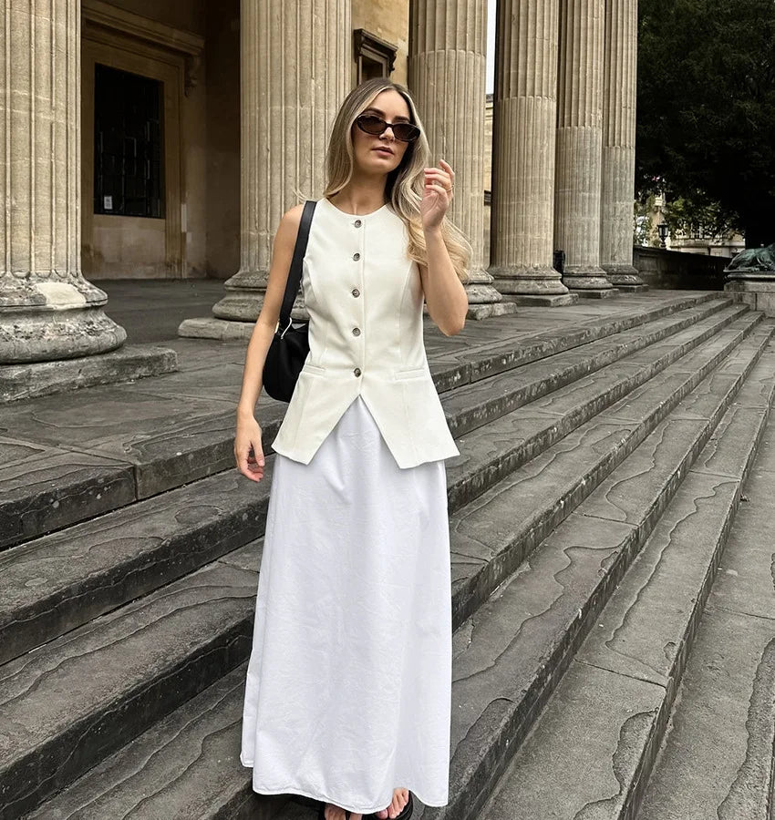 White Cotton Linen Elegant Skirts